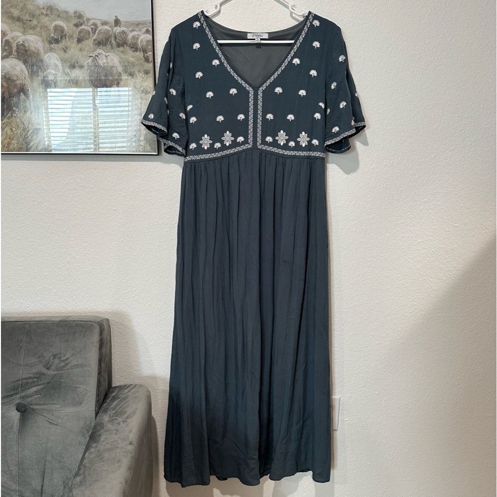Anthropologie Polagram Blue with White Embroidery Boho Empire Waist Maxi Dress